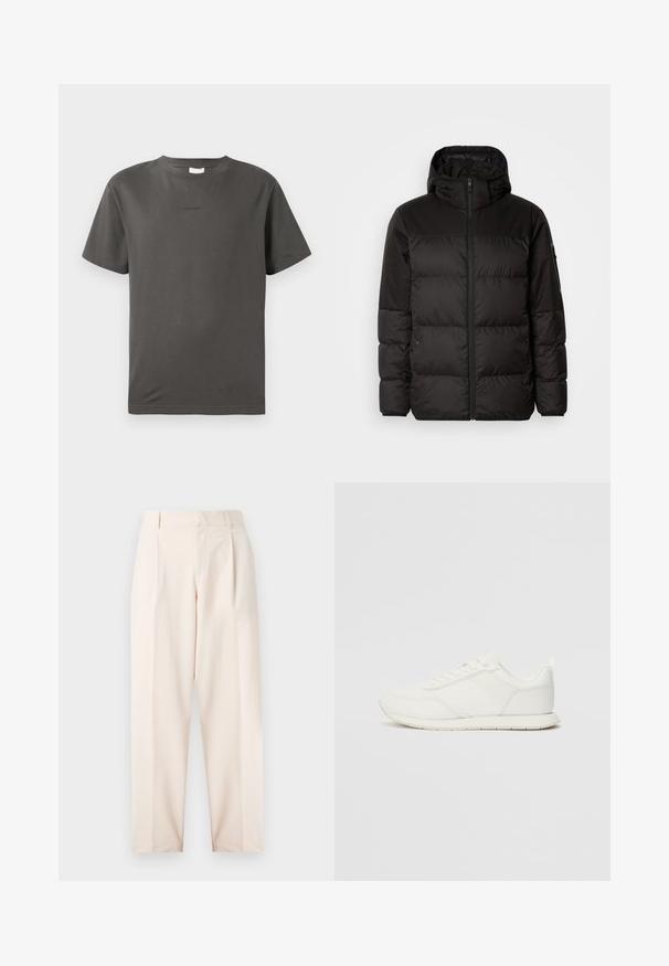 Čierna prešívaná bunda má zips, kapucňu, prešívané sekcie a elastické manžety, vyrobená z hladkého, vodeodolného materiálu.; Sivá bavlnená tričko s okrúhlym výstrihom a krátkymi rukávmi. Na prednej strane sa nachádza malé, nenápadné logo. Hladká textura a klasický strih.; Bežové nohavice s vysokým pásom, záhybmi a rovnými nohavicami. Vyrobené z hladkého materiálu s bočnými vreckami a čistým zakončením.; Biele tenisky s sieťovaným a syntetickým zvrškom, okrúly špička, ploché šnúrky a štruktúrovaný pruh na boku. Gumová podrážka s pútkom na zadnej strane.
