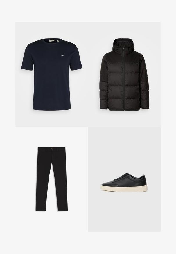 Schwarze Pufferjacke mit Reißverschluss, Kapuze, gesteppten Abschnitten und elastischen Bündchen, hergestellt aus einem glatten, wasserabweisenden Material.; Marineblaues Baumwoll-T-Shirt mit Rundhalsausschnitt, kurzen Ärmeln und einem kleinen Logo, das auf der linken Brust gestickt ist. Weiche Textur, normale Passform.; Schwarze Hosen aus einem Stoff mit glatter текстуре. Verfügt über einen Knopfverschluss, Gürtelschlaufen und Seitentaschen. Klassisches Design mit geradem Bein.; Schwarzer niedriger Ledersneaker mit schwarzen Schnürsenkeln und cremefarbenem Sohlenrand, seitlich auf weißem Hintergrund dargestellt.