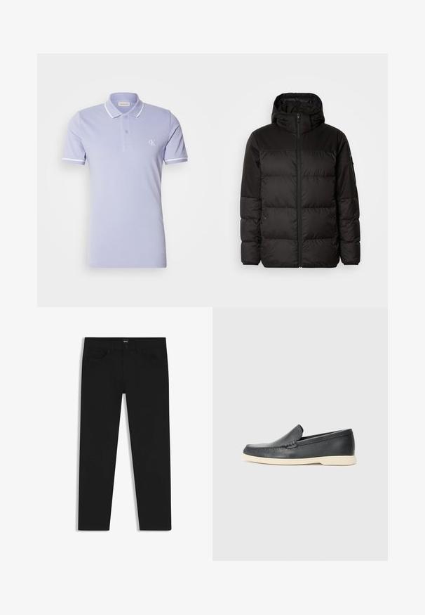 Svart puffjacka med blixtlås, huva, quiltade sektioner och elastiska mudd, tillverkad av ett slätt, vattentåligt material.; Ljust lila polo skjorta i mjuk bomull med en treknappslå, vita detaljer på kragen och ärmarna, med en CK-logotyp.; Svarta denimbyxor med rak passform, med en standard midja, fem fickor och knäppning med knapp. Slät yta genomgående.; Svarta läder slip-on loafers med en texturerad yta och en kontrasterande beige gummisula. Har en subtil accent längs fram.