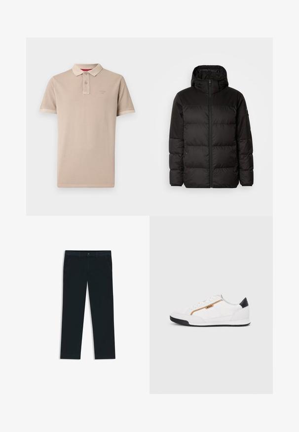 Svart puffjacka med blixtlås, huva, quiltade sektioner och elastiska mudd, tillverkad av ett slätt, vattentåligt material.; Beige pikétröja gjord av mjukt tyg, med klassisk krage, tvåknappslå, korta ärmar och en diskret logga på bröstet.; Mörk marinblå chinos tillverkade av en blandning av bomull. Har bältesloopar, framfickor och en dragkedja med knappstängning.; Vita sportskor i vitt med inslag av nät och läder. Har en gyllene "BOSS"-logotyp, texturerade sidopaneler och en svart hälkap. Gummisula.
