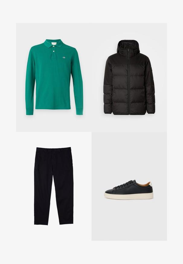 La chaqueta acolchada negra tiene un cierre de cremallera, capucha, secciones acolchadas y puños elásticos, hecha de un material suave y resistente al agua.; Polo de manga larga verde hecho de algodón. Cuenta con cuello con solapa, tapeta con dos botones y un logo bordado en el pecho.; Pantalones negros de algodón con diseño de pierna recta, que cuentan con cierre de botón, bolsillos laterales y una textura suave.; Zapatillas negras de cuero con una textura suave, suela de goma beige, diseño de cordones y un acento en el talón de color contrastante.