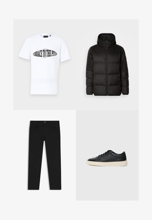 La chaqueta acolchada negra tiene un cierre de cremallera, capucha, secciones acolchadas y puños elásticos, hecha de un material suave y resistente al agua.; Camiseta de algodón blanca con texto negro que dice "TERRACE TO THE PITCH" y "FOOTBALL FOR ALL" en letra más pequeña. Mangas cortas, cuello redondo.; Pantalones de mezclilla negros con corte recto, que cuentan con una cinturilla estándar, cinco bolsillos y un cierre de botón. Textura suave en toda su superficie.; Zapatilla negra de piel de caña baja con cordones negros y suela color crema, mostrada en perfil lateral sobre fondo blanco.