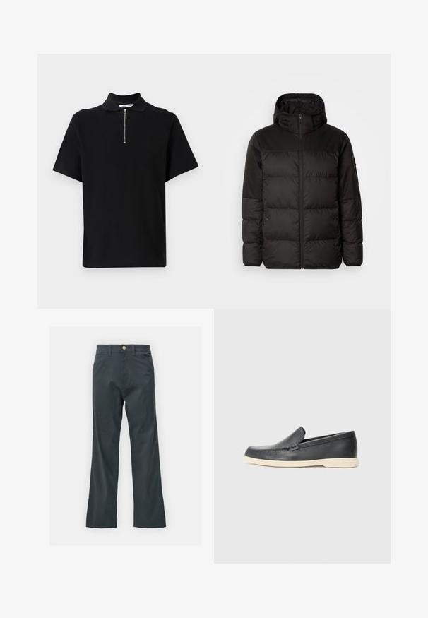 Čierna prešívaná bunda má zips, kapucňu, prešívané sekcie a elastické manžety, vyrobená z hladkého, vodeodolného materiálu.; Čierna polokošela s krátkym rukávom vyrobená z jemnej látky, s golierom na zips a čistým, minimalistickým dizajnom bez ďalších vzorov.; Čierne nohavice so straight leg strihom, vyrobené z bavlnenej zmesi. Majú kovové zapínanie a bočné vrecká. Bez viditeľných vzorov.; Čierne kožené slip-on mokasíny s textúrovaným povrchom a kontrastnou béžovou gumovou podrážkou. Obsahujú jemný akcent pozdĺž prednej časti.