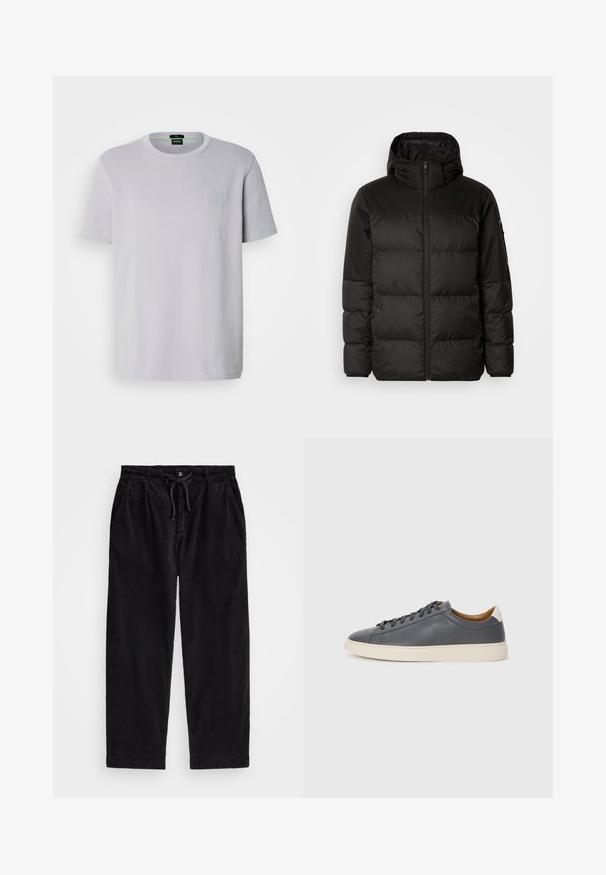 Melna pūkainā jakā iezīmes ir rāvējslēdzēja aizdare, kapuce, kvadrātveida šuves un elastīgas aproces, izgatavota no gludas, ūdensizturīgas vielas.; Gaišpelēka īsām piedurknēm T-krekls, izgatavots no kokvilnas, ar maigu teksturētu dizainu un mazu tonālu logotipa uzlīmi uz krūtīm.; Melnas korduroja bikses ar brīvu piegriezumu, ar elastīgu jostu un auklu, kā arī sānu kabatām. Audumam ir ribota tekstūra.; Pelēki ādas sporta apavi ar apaļu purngalu, gumijas zoli, plakanu auklu un gaišiem akcentiem uz papēža. Gluda tekstūra un minimālistisks dizains.