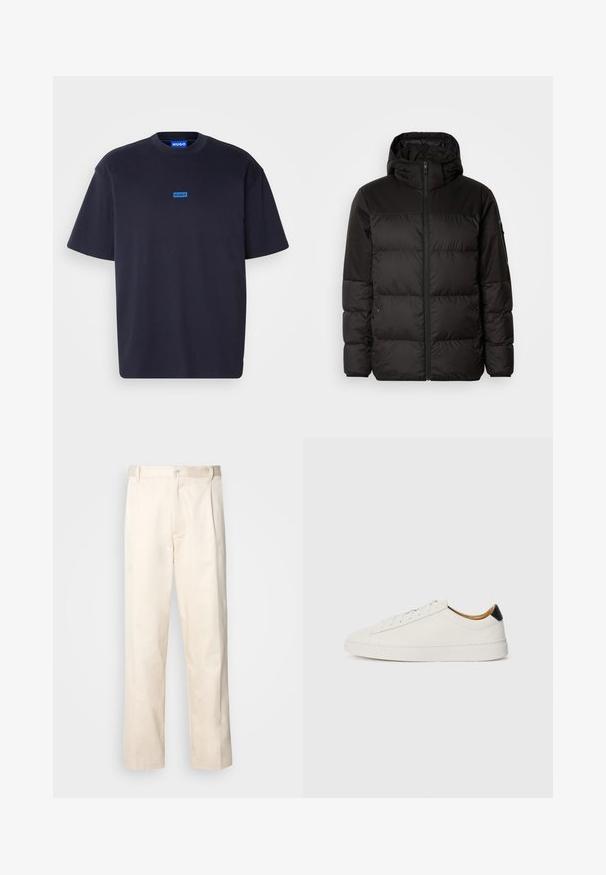 La chaqueta acolchada negra tiene un cierre de cremallera, capucha, secciones acolchadas y puños elásticos, hecha de un material suave y resistente al agua.; HUGO NALONO - Camiseta estampada - dark blue; Pantalones de algodón beige con corte recto, que cuentan con un cierre de botón y pliegues en la parte frontal para un detalle adicional.; Zapatilla blanca con parte superior de cuero suave, punta redonda y suela plana. Acento negro en el talón, con cordones tonales y un branding minimalista.