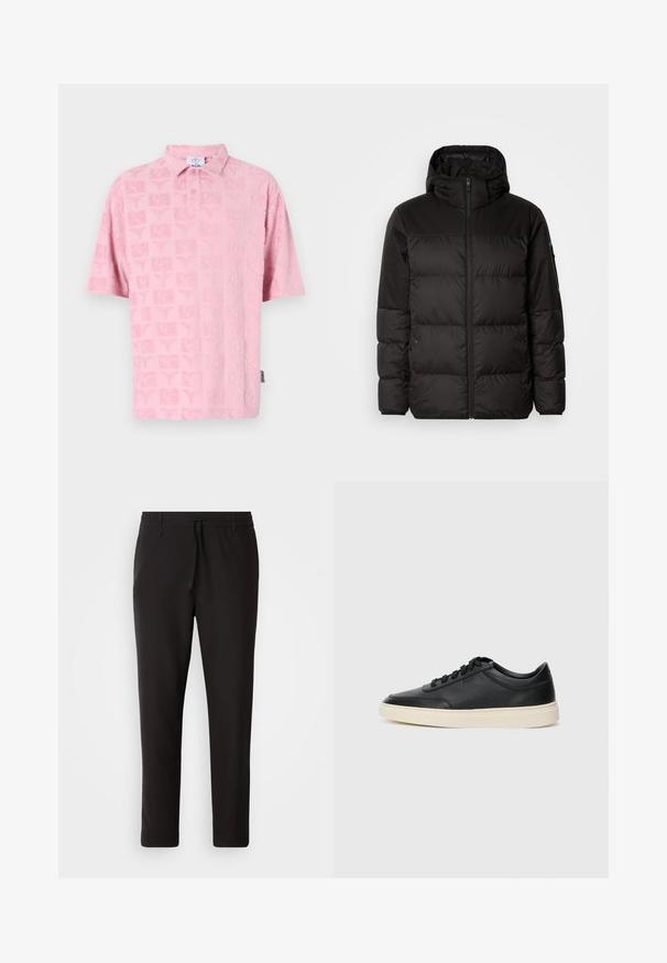 Musta puhvijakku sisältää vetoketjun, hupun, tilkuista koostuvia osioita ja joustavat hihansuut. Se on valmistettu sileästä, vedenpitävästä materiaalista.; Vaaleanpunainen poolopaita, jossa on teksturoitu kuvio toistuvilla motiiveilla. Lyhyet hihat ja klassinen kaulus, jossa on nappilista edessä.; Juoksuhousut mustasta sileästä kankaasta. Varustettu elastisella vyötärönauhalla ja nyörillä, supistuvat lahkeet ja ei näkyviä taskuja. Yksinkertainen muotoilu.; Musta matalavartinen nahkastretchu, jossa on mustat nauhat ja vaaleanharmaa pohja, esitetty sivuprofiilissa valkoista taustaa vasten.