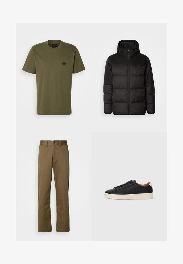Črna zimska jakna ima zadrgo, kapuco, prešite odseke in elastične manšete, izdelana je iz gladkega, vodoodpornega materiala.; Olivno zelena kratkotrajna majica iz bombaža, z okroglim izrezom in majhnim vezenim logotipom na levem prsnem delu. Gladka tekstura.; Rjave hlače ravnih nogavic iz tkanine. Imajo gumbasto zapiranje, stranske žepke in gladko teksturo. Prilagojen kroj.; Črne usnjene superge z gladko teksturo, bež gumijastim podplatom, zavezovalnim dizajnom in kontrastnim nagibom na peti.
