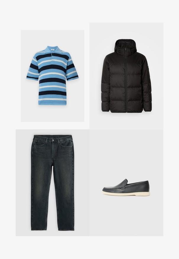 A fekete steppelt dzseki cipzáros záródással, kapucnival, steppelt részekkel és rugalmas mandzsettákkal rendelkezik, sima, vízálló anyagból készült.; Csíkos póló inget visel, világoskék, tengerészkék és fehér színekben. Rövid ujjú, galléros, gombos nyitással; texturált kötött anyag különböző szélességű csíkokkal.; Sötétkék farmernadrág, egyenes fazonnal, ött zsebbel, cipzáras sliccel és kontrasztos varrással. A szövet enyhe kopása.; Fekete bőr, slip-on stílusú loaferek, texturált felülettel és kontrasztos bézs gumitalppal. A frontrészén finom díszítéssel rendelkezik.