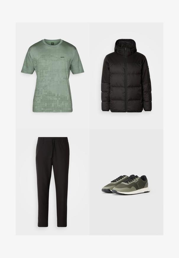 Musta puhvijakku sisältää vetoketjun, hupun, tilkuista koostuvia osioita ja joustavat hihansuut. Se on valmistettu sileästä, vedenpitävästä materiaalista.; Vihreä lyhythihainen t-paita, joka on valmistettu sileästä kankaasta. Paidassa on ruutukuosi ja musta "BOSS"-logo vasemmassa rintakohdassa.; Juoksuhousut mustasta sileästä kankaasta. Varustettu elastisella vyötärönauhalla ja nyörillä, supistuvat lahkeet ja ei näkyviä taskuja. Yksinkertainen muotoilu.; Vihreät verkkokengät mustilla yksityiskohdilla, teksturoitu päällinen, tasaiset nauhat ja valkoinen, uurrettu pohja. Logo näkyy sivulla.