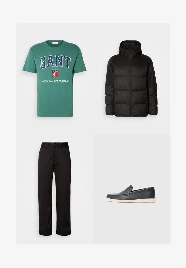 Mustikas puffer-jakk sisaldab tõmblukku, kapuutsi, tikandiga osi ja elastseid mansette, valmistatud siledast veekindlast materjalist.; Roheline puuvillane T-särk, millel on julge valge ja la Navy sinine kiri "GANT", "USA 1949" ja "American Sportswear". Klassikaline ümar kaeluse disain.; Mustad püksid siledast kangast, millel on luku suletava ja nööbi sulgemisega ning keeratud sääred, andes neile lihtsa disaini.; Must musta sussid mustast nahast, millel on tekstuuriga pind ja kontrastne beež kummitald. Ees on peen aktsent.