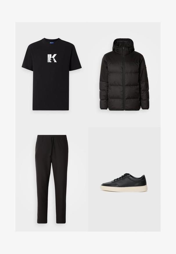 A jaqueta puffer preta apresenta um fecho zip, um capuz, secções acolchoadas e punhos elásticos, confeccionada em um material liso e resistente à água.; T-shirt de algodão preta com um atrevido logotipo gráfico branco com as letras "IK" e um design de silhueta na parte da frente. Corte regular.; Calças de jogging pretas feitas de tecido liso. Apresentam uma cintura elástica com cordão, pernas ligeiramente ajustadas e sem bolsos visíveis. Design simples.; Sapatilha preta de cano baixo em pele com atacadores pretos e sola off-white, apresentada em perfil lateral sobre fundo branco.