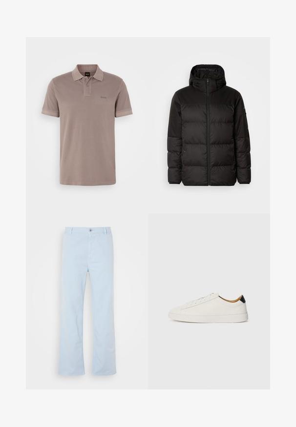 Melna pūkainā jakā iezīmes ir rāvējslēdzēja aizdare, kapuce, kvadrātveida šuves un elastīgas aproces, izgatavota no gludas, ūdensizturīgas vielas.; Gaiši brūns polo krekls, kas izgatavots no mīksta kokvilnas. Tam ir klasiskā apkakle, divu pogu aizdare un smalka logo detaļa uz krūšu daļas.; Gaiši zili kokvilnas bikses ar taisnu griezumu, priekšējo pogu aizdari un sānu kabatām. Gluda tekstūra un minimālas šuvju detaļas.; Balti apavi ar gludu ādas augšdaļu, apaļu purngalu un plakanu zoli. Melns akcentus papēdī, ar tonālām šņorēm un minimālu zīmolu.