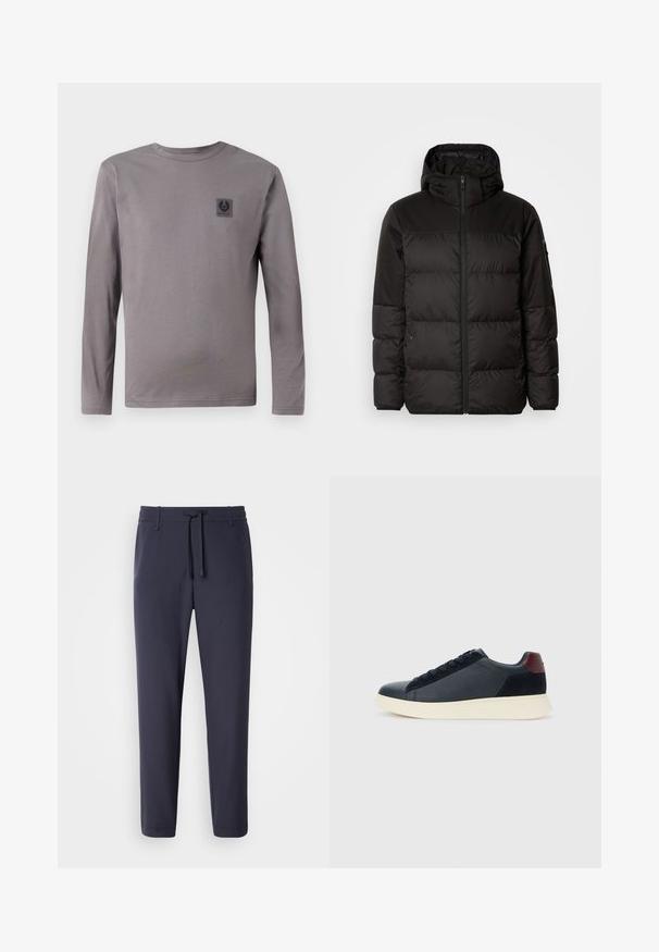 A jaqueta puffer preta apresenta um fecho zip, um capuz, secções acolchoadas e punhos elásticos, confeccionada em um material liso e resistente à água.; Camisola cinza de mangas longas feita de tecido suave, apresentando um pequeno patch de logotipo preto no peito e um decote redondo. Design simples sem padrões.; Calças de jogging navais com cintura elástica e cordão. Feitas de um material suave, com pernas afuniladas e sem bolsos visíveis.; Sapatilha baixa masculina em couro preto e camurça com aba de calcanhar em amarelo-escuro e sola de borracha branca, vista do lado exterior.