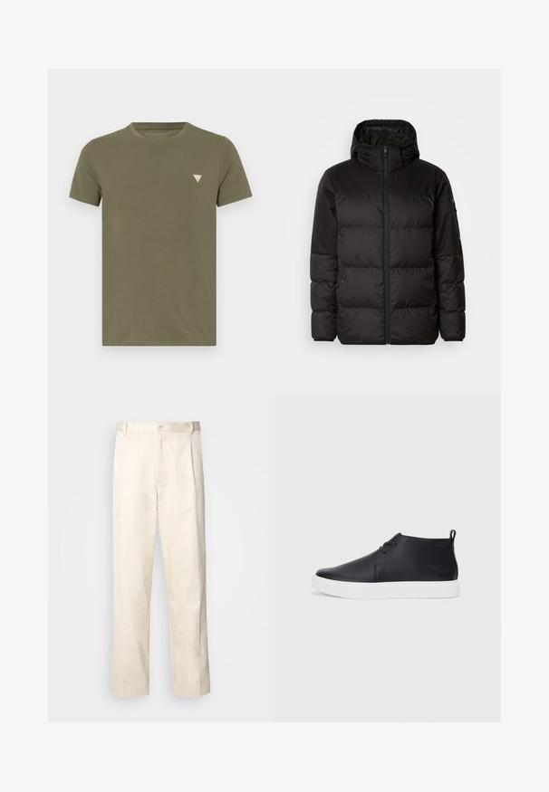 Črna zimska jakna ima zadrgo, kapuco, prešite odseke in elastične manšete, izdelana je iz gladkega, vodoodpornega materiala.; Olive zelena majica kratkih rukava od pamuka, s malim trokutastim logotipom u crvenoj i bijeloj boji na lijevoj strani prsnog dijela.; Bež cottone hlače s ravnim krojem, ki imajo gumbasto zapiranje in nabore spredaj za dodatne detajle.; Črne usnjene visoke superge s gladko površino, bela gumijasta podloga in preprosta zasnova vezalk. Imajo držalo na hrbtni strani.