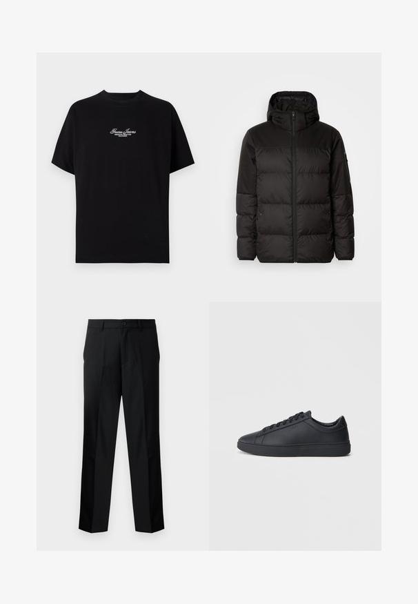 Černá péřová bunda má zipový uzávěr, kapuci, prošívané části a elastické manžety, vyrobená z hladkého, voděodolného materiálu.; Černé tričko s krátkým rukávem vyrobené z bavlny. Na hrudi se nachází bíle vyšívaný text "Guess Jeans American Tradition California".; Černé kalhoty na míru se rovný střihem, se zapínáním na knoflík, zipem a poutky na opasek. Hladká tkanina s bočními kapsami.; Černé tenisky z hladké kůže s nízkým designem, kulatou špičkou a plochou gumovou podrážkou. Mají šněrování a nenápadné branding.