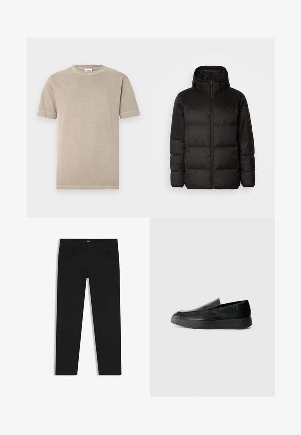 Black puffer jacket features a zip closure, a hood, quilted sections, and elastic cuffs, made from a smooth, water-resistant material.; Beige cotton t-shirt with short sleeves and a round neckline. Features visible stitching along the sleeves and hem. Simple, smooth texture.; Black denim trousers with a straight cut, featuring a standard waistband, five pockets, and a button closure. Smooth texture throughout.; Calvin Klein HYBRID CUP - Slip-ons - triple black