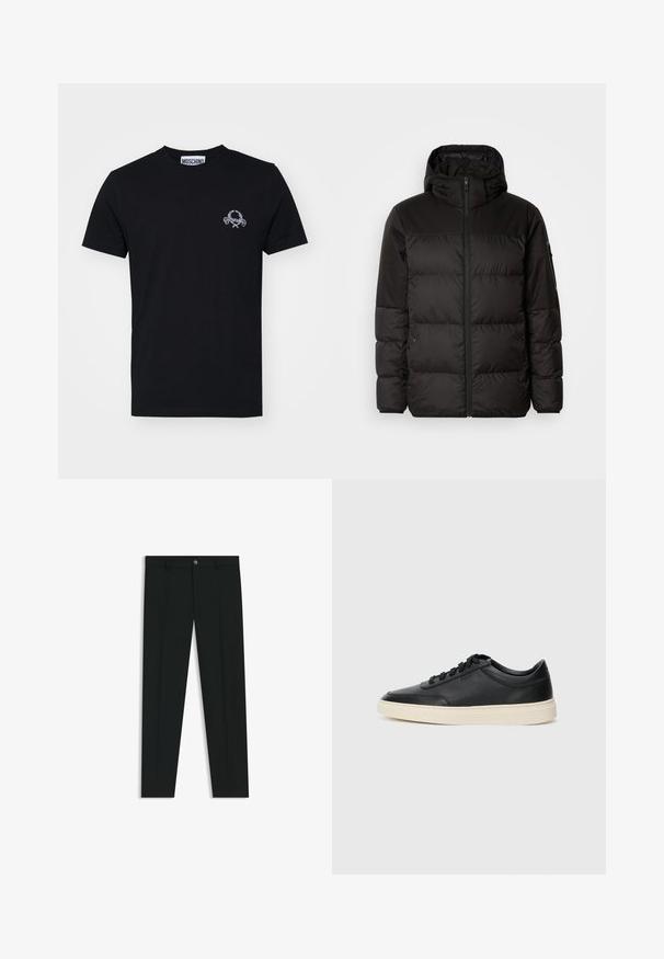 Black puffer jacket features a zip closure, a hood, quilted sections, and elastic cuffs, made from a smooth, water-resistant material.; Black cotton t-shirt featuring a small white graphic design on the chest. Classic crew neck and short sleeves, smooth texture.; Black dress pants with a straight-leg design, made of smooth fabric. Features a front button closure and belt loops. Plain without patterns.; Black low-top leather sneaker with black laces and off-white sole shown in side profile on white background.