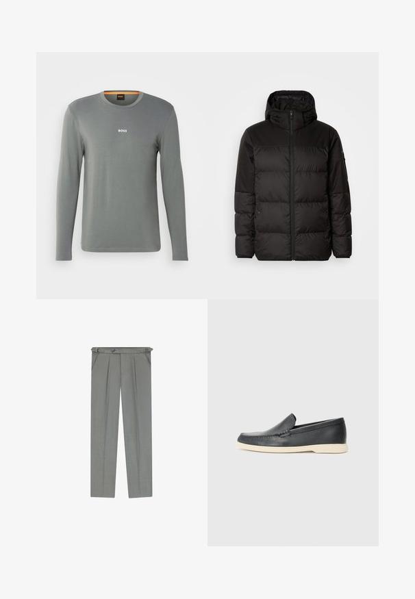 Black puffer jacket features a zip closure, a hood, quilted sections, and elastic cuffs, made from a smooth, water-resistant material.; Long-sleeve shirt in light grey fabric, featuring a crew neck and small white "BOSS" logo on the chest, smooth texture with minimal detailing.; Light gray tailored trousers with a textured finish, featuring pleats, belt loops, and a button closure at the waist.; Black leather slip-on loafers with a textured finish and a contrasting beige rubber sole. Features a subtle accent along the front.