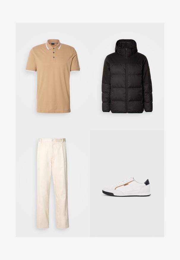 A jaqueta puffer preta apresenta um fecho zip, um capuz, secções acolchoadas e punhos elásticos, confeccionada em um material liso e resistente à água.; Pólo de manga curta em algodão tom claro com um fecho de três botões, com detalhe branco no colarinho e nas mangas, apresentando um logótipo subtil.; Calças de algodão bege com corte reto, apresentando um fecho de botão e pregas na frente para um detalhe adicional.; Tênis atléticos brancos com detalhes em malha e couro. Apresenta um logotipo dourado "BOSS", painéis laterais texturizados e um capô de calcanhar preto. Sola em borracha.