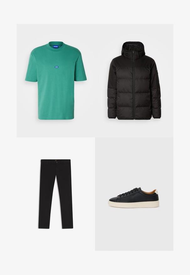 Black puffer jacket features a zip closure, a hood, quilted sections, and elastic cuffs, made from a smooth, water-resistant material.; HUGO NIEROS - Basic T-shirt - open green; Black trousers made of fabric with a smooth texture. Features a button closure, belt loops, and side pockets. Standard straight-leg design.; Black leather sneakers with a smooth texture, beige rubber sole, lace-up design, and a contrasting heel accent.