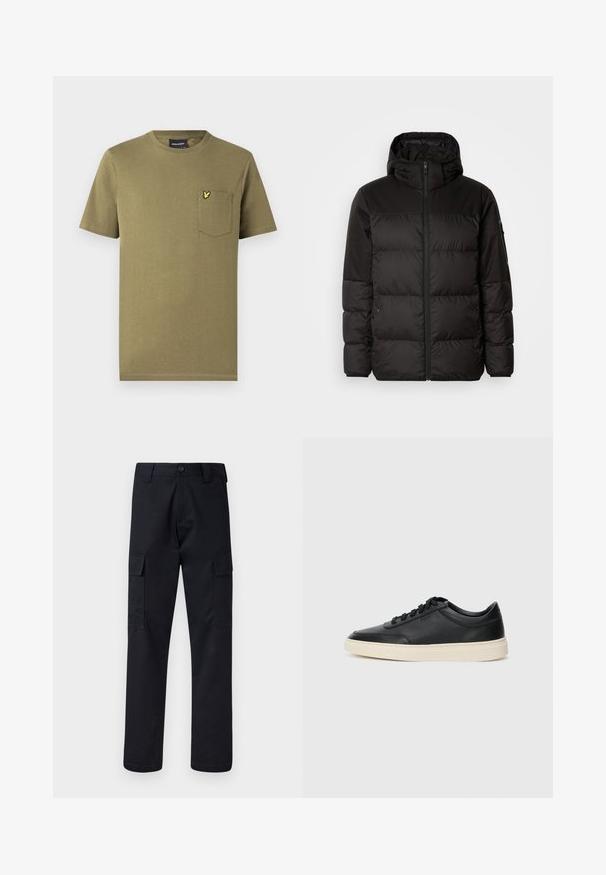 Musta puhvijakku sisältää vetoketjun, hupun, tilkuista koostuvia osioita ja joustavat hihansuut. Se on valmistettu sileästä, vedenpitävästä materiaalista.; Oliivinvihreä puuvillainen t-paita, jossa on lyhyet hihat, pyöreä pääntie ja rintatasku, jossa on pieni keltainen logo. Sileä pinta.; Mustat cargo-housut, jotka on valmistettu kestävästä kankaasta, suora lahkeensuukko, kaksi sivutaskua ja napin suljenta vyötäröllä.; Musta matalavartinen nahkastretchu, jossa on mustat nauhat ja vaaleanharmaa pohja, esitetty sivuprofiilissa valkoista taustaa vasten.