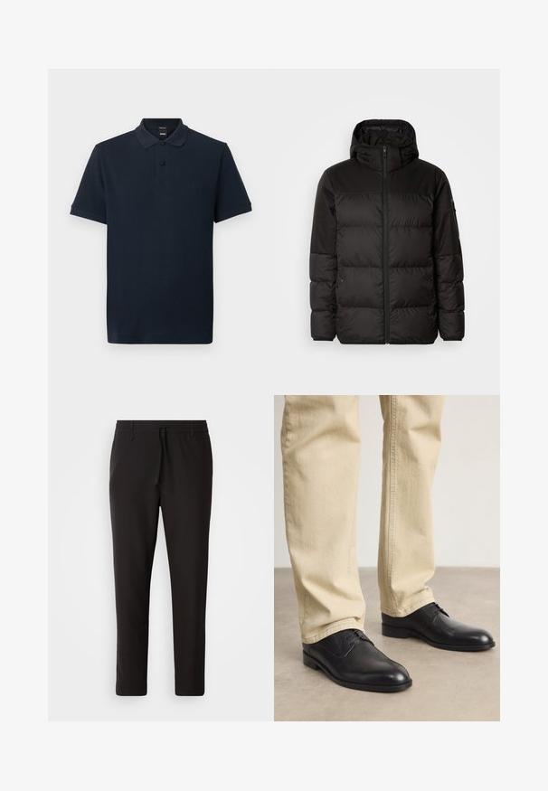 Geacă puffer neagră cu închidere cu fermoar, glugă, secțiuni quilted și manșete elastice, realizată dintr-un material neted, rezistent la apă.; Tricou polo bleumarin cu mânecă scurtă, guler, doi nasturi negri și un logo brodat subtil pe piept.; Pantaloni de jogging negri, confecționați dintr-un material neted. Prezintă un talie elastică cu șnur, picioare conice și fără buzunare vizibile. Design simplu.; Pantofi din piele neagră, cu șireturi, vârf rotund, finisaj neted și detalii de broderie subtile, purtați cu pantaloni bej deschis.