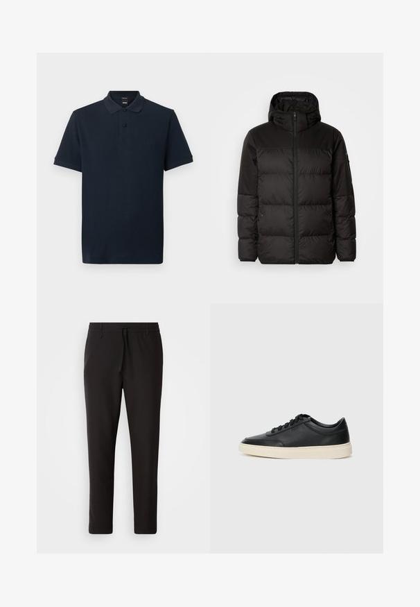 A jaqueta puffer preta apresenta um fecho zip, um capuz, secções acolchoadas e punhos elásticos, confeccionada em um material liso e resistente à água.; Polo de manga curta azul-marinho com colarinho, dois botões pretos e logótipo bordado subtil no peito.; Calças de jogging pretas feitas de tecido liso. Apresentam uma cintura elástica com cordão, pernas ligeiramente ajustadas e sem bolsos visíveis. Design simples.; Sapatilha preta de cano baixo em pele com atacadores pretos e sola off-white, apresentada em perfil lateral sobre fundo branco.