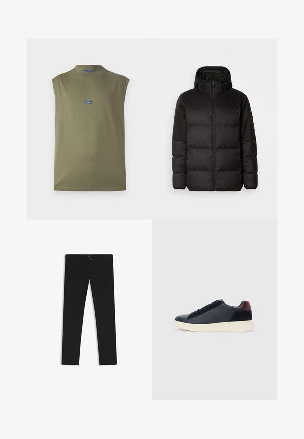 Black puffer jacket features a zip closure, a hood, quilted sections, and elastic cuffs, made from a smooth, water-resistant material.; Sleeveless olive green top made of soft fabric, featuring a high neck and a blue HUGO logo on the chest. Smooth texture, minimal design.; Black trousers made of fabric with a smooth texture. Features a button closure, belt loops, and side pockets. Standard straight-leg design.; Low-top men's sneaker in black leather and suede with maroon heel tab and white rubber sole, viewed from the outer side.
