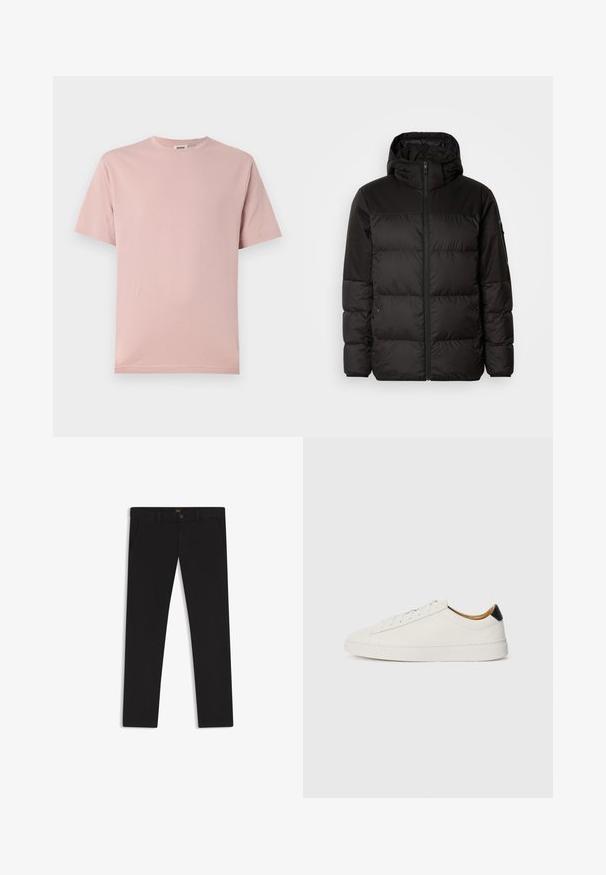 Black puffer jacket features a zip closure, a hood, quilted sections, and elastic cuffs, made from a smooth, water-resistant material.; Light pink cotton t-shirt with a classic crew neck and short sleeves. Smooth texture and straight fit, featuring minimal design elements.; Black trousers made of fabric with a smooth texture. Features a button closure, belt loops, and side pockets. Standard straight-leg design.; White sneaker with a smooth leather upper, round toe, and flat sole. Black accent at the heel, featuring tonal laces and minimal branding.