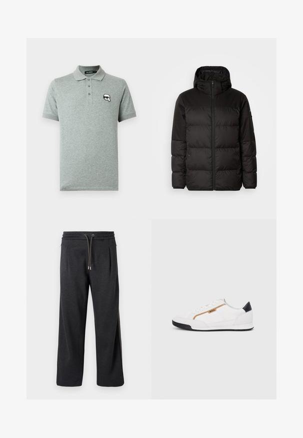 A jaqueta puffer preta apresenta um fecho zip, um capuz, secções acolchoadas e punhos elásticos, confeccionada em um material liso e resistente à água.; Polo cinza feito de um tecido de algodão misto, com gola clássica, quatro botões na frente e um logótipo em cartoon no lado esquerdo do peito.; Calças de jogging cinza-escuro com uma textura suave, cintura elástica, fecho com cordão e costuras laterais com detalhes contrastantes. Design de pernas largas.; Tênis atléticos brancos com detalhes em malha e couro. Apresenta um logotipo dourado "BOSS", painéis laterais texturizados e um capô de calcanhar preto. Sola em borracha.