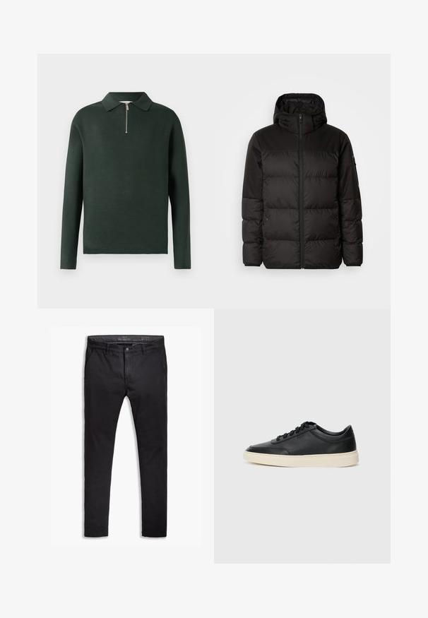 Zwarte pufferjas met ritsluiting, een capuchon, gequiltte secties en elastische manchetten, gemaakt van een glad, waterafstotend materiaal.; Donkergroen polo met lange mouwen en een kraag, voorzien van een halve rits aan de voorkant. Gemaakt van een zachte stof met een gladde textuur.; Zwarte katoenen chinos met een taps toelopende pasvorm, voorzien van vijf zakken, riemlussen en een gladde textuur. Ritssluiting met een knoopsluiting.; Zwarte leren sneaker met lage schacht, zwarte veters en off-white zool, weergegeven in zijprofiel op een witte achtergrond.