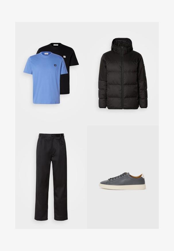 Mustikas puffer-jakk sisaldab tõmblukku, kapuutsi, tikandiga osi ja elastseid mansette, valmistatud siledast veekindlast materjalist.; Kaks puuvillast T-särki, üks helesinine ja teine must, ringmärgistega kaelustega ning väikeste logo parandustega rinnal. Sile tekstuur.; Mustadest siledast kangast pükstest, millel on ees nupu sulgemine, voldid ja sirged sääred. Ei mingeid nähtavaid mustreid ega aktsente.; Hallhalli nahast tossud ümmarguse varbaga, kummist tallaga, lamedate paeltega ja heledate aktsentidega kontsadel. Sile tekstuur ja minimalistlik disain.