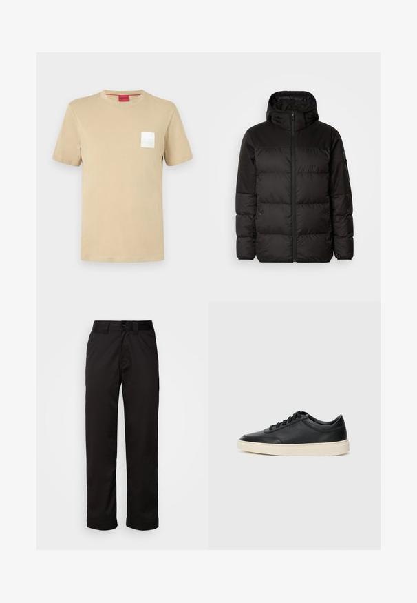 Geacă puffer neagră cu închidere cu fermoar, glugă, secțiuni quilted și manșete elastice, realizată dintr-un material neted, rezistent la apă.; Tricou din bumbac bej cu mâneci scurte, decolteu rotund și logo alb pătrat pe partea stângă a pieptului. Textură fină, design casual.; Pantaloni negri dintr-un material neted, cu fermoar la brâu, închidere cu nasture și mansete rulate pentru un design casual.; Sneaker din piele neagră, cu vârf jos, cu șireturi negre și talpă de un alb murdar, prezentat în profil lateral, pe un fundal alb.