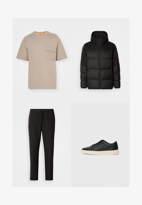Czarna kurtka puchowa z zapięciem na zamek, kapturem, pikowanymi sekcjami i elastycznymi mankietami, wykonana z gładkiego, wodoodpornego materiału.; BOSS - T-shirt basic; Czarne spodnie dresowe wykonane z gładkiego materiału. Posiadają elastyczny pas ze sznurkiem, zwężane nogawki oraz brak widocznych kieszeni. Prosty design.; Czarne niskie skórzane sneakersy z czarnymi sznurówkami i off-white podeszwą, prezentowane w profilu bocznym na białym tle.