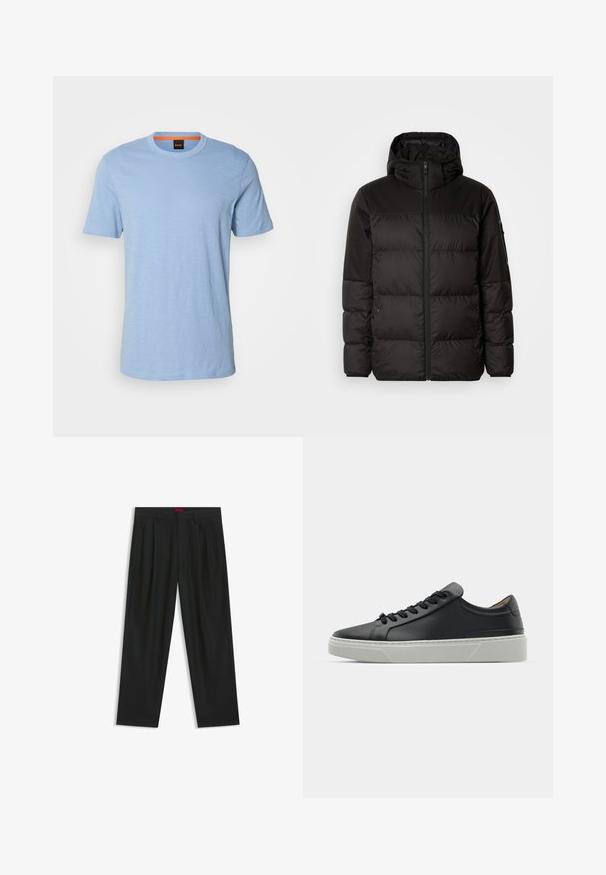 Black puffer jacket features a zip closure, a hood, quilted sections, and elastic cuffs, made from a smooth, water-resistant material.; Light blue short-sleeve t-shirt made of soft material. Features a crew neck and a subtle embossed logo on the chest.; Black trousers with a pleated design, wide leg shape, and a smooth texture. Features a red waistband tag.; Black leather sneaker with a smooth texture, round toe, and black laces. Features a thick, white rubber sole with subtle geometric accents.