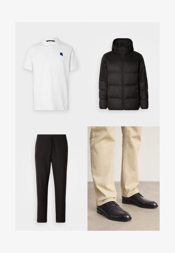 Čierna prešívaná bunda má zips, kapucňu, prešívané sekcie a elastické manžety, vyrobená z hladkého, vodeodolného materiálu.; Biele polo tričko z bavlny, s golierom, tromi gombíkmi a vyšitým námorníckym modrým logom na ľavej hrudi.; Čierne jogger nohavice vyrobené z hladkej tkaniny. Majú elastický pás s šnúrkou, zúžené nohavice a žiadne viditeľné vrecká. Jednoduchý dizajn.; Čierne kožené šnurovacie topánky s okrúhlou špičkou, hladkým povrchom a jemnými detailmi prešitia, nosené so svetlo béžovými nohavicami.