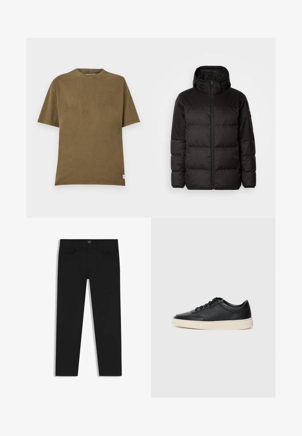 Black puffer jacket features a zip closure, a hood, quilted sections, and elastic cuffs, made from a smooth, water-resistant material.; Olive green cotton t-shirt with a crew neck, short sleeves, and a relaxed fit. Features clean lines and a small label at the hem.; Black denim trousers with a straight cut, featuring a standard waistband, five pockets, and a button closure. Smooth texture throughout.; Black low-top leather sneaker with black laces and off-white sole shown in side profile on white background.