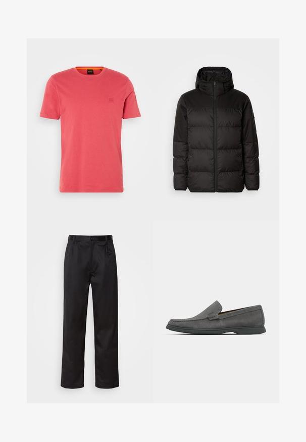 Crna puf jakna ima zatvaranje na zip, kapuljaču, kviltane dijelove i elastične manžete, izrađena je od glatkog, vodootpornog materijala.; Koraljna pamučna majica s okruglim izrezom, kratkim rukavima i malim utisnutim logom na lijevoj strani prsnog koša. Glatka tekstura i opušteni kroj.; Crne hlače od glatkog materijala, s prednjim zatvaranjem na dugme, pregibima i ravnim nogavicama. Nema vidljivih uzoraka ili akcenta.; Sive kuglaste mokasine od antilopa s prošivenim detaljima i niskim gumenim đonom. Imaju dizajn za lako obuvanje bez vidljivih dodataka.