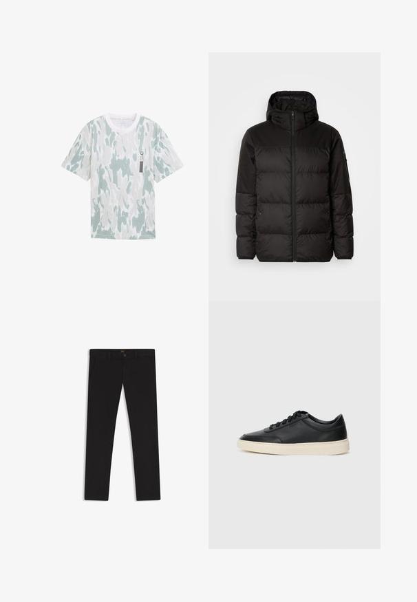 Schwarze Pufferjacke mit Reißverschluss, Kapuze, gesteppten Abschnitten und elastischen Bündchen, hergestellt aus einem glatten, wasserabweisenden Material.; Hellgrünes und weißes gemustertes T-Shirt mit kurzen Ärmeln, Rundhalsausschnitt und einem kleinen schwarzen Etikett auf der Vorderseite. Weicher Stoff.; Schwarze Hosen aus einem Stoff mit glatter текстуре. Verfügt über einen Knopfverschluss, Gürtelschlaufen und Seitentaschen. Klassisches Design mit geradem Bein.; Schwarzer niedriger Ledersneaker mit schwarzen Schnürsenkeln und cremefarbenem Sohlenrand, seitlich auf weißem Hintergrund dargestellt.