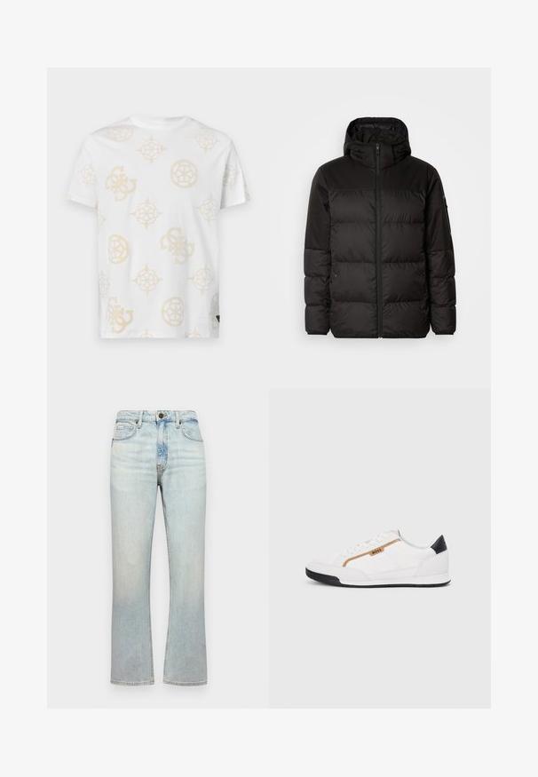 Melna pūkainā jakā iezīmes ir rāvējslēdzēja aizdare, kapuce, kvadrātveida šuves un elastīgas aproces, izgatavota no gludas, ūdensizturīgas vielas.; Balta kokvilnas T-kreklu ar vieglu bēšu abstraktu rakstu, kurā ir dažādas ģeometriskas formas un logotipi. Ar apaļu kakla izgriezumu un īsām piedurknēm.; Gaiši zili džinsi ar augstu jostasvietu, taisnu kāju griezumu un vieglu izbalēšanu. Iekļauj piecas kabatas un metāla pogu aizdari.; Baltijas krāsā baltas sporta kurpes ar acu un ādas akcentiem. Iezīmējas ar zelta "BOSS" logo, teksturētām sānu paneļiem un melnu papēža kapu. Gumijas zole.