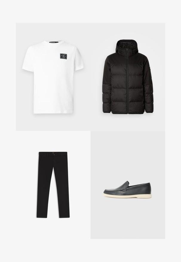 Black puffer jacket features a zip closure, a hood, quilted sections, and elastic cuffs, made from a smooth, water-resistant material.; White short-sleeve crew neck t-shirt with a small black rectangular patch on the left chest featuring white cursive text.; Black trousers made of fabric with a smooth texture. Features a button closure, belt loops, and side pockets. Standard straight-leg design.; Black leather slip-on loafers with a textured finish and a contrasting beige rubber sole. Features a subtle accent along the front.