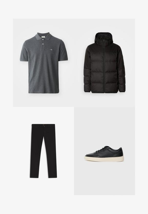 Schwarze Pufferjacke mit Reißverschluss, Kapuze, gesteppten Abschnitten und elastischen Bündchen, hergestellt aus einem glatten, wasserabweisenden Material.; Dunkelgraues Polohemd aus Baumwolle. Verfügt über einen klassischen Kragen, eine Drei-Knopf-Leiste, kurze Ärmel und ein kleines gesticktes Logo auf der Brust.; Schwarze Hosen aus einem Stoff mit glatter текстуре. Verfügt über einen Knopfverschluss, Gürtelschlaufen und Seitentaschen. Klassisches Design mit geradem Bein.; Schwarzer niedriger Ledersneaker mit schwarzen Schnürsenkeln und cremefarbenem Sohlenrand, seitlich auf weißem Hintergrund dargestellt.