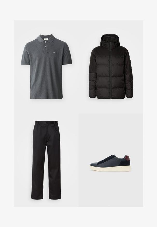 A jaqueta puffer preta apresenta um fecho zip, um capuz, secções acolchoadas e punhos elásticos, confeccionada em um material liso e resistente à água.; Polo cinza escuro feito de algodão. Apresenta um colarinho clássico, pala com três botões, mangas curtas e um pequeno logótipo bordado no peito.; Calças pretas feitas de um tecido suave, com fecho frontal por botão, pregas e pernas retas. Sem padrões ou acentos visíveis.; Sapatilha baixa masculina em couro preto e camurça com aba de calcanhar em amarelo-escuro e sola de borracha branca, vista do lado exterior.