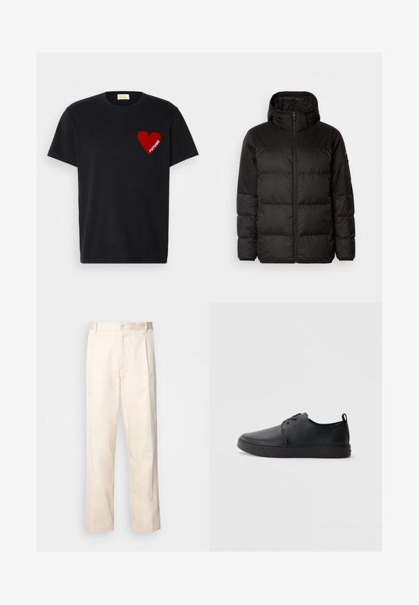 Crna puf jakna ima zatvaranje na zip, kapuljaču, kviltane dijelove i elastične manžete, izrađena je od glatkog, vodootpornog materijala.; FROM FUTURE Majica kratkih rukava s printom - noir; Bežaste pamučne hlače ravnog kroja s kopčanjem na dugme i plisiranjima sprijeda za dodatni detalj.; Crne kožne tenisice s glatkom površinom, zaobljenim vrhom, tonom prošivanja, vezanjem sprijeda i ravnim gumenim potplatom. Oko pete se nalazi učka.