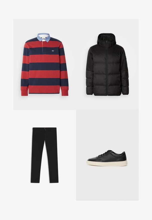 Il giubbotto puffo nero presenta una chiusura con zip, un cappuccio, sezioni trapuntate e polsini elastici, realizzato in un materiale liscio e resistente all'acqua.; GANT STRIPE HEAVY RUGGER - Maglietta a manica lunga - iron red; Pantaloni neri realizzati in tessuto con una superficie liscia. Presentano una chiusura con bottone, passanti per cintura e tasche laterali. Design a gamba dritta standard.; Sneaker in pelle nera a basso profilo con lacci neri e suola avorio, mostrato di profilo su sfondo bianco.