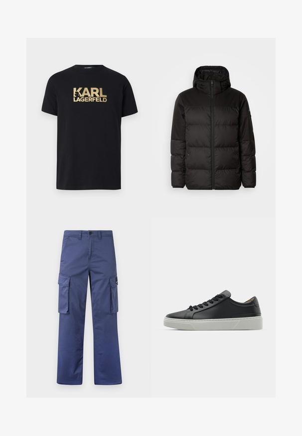 Black puffer jacket features a zip closure, a hood, quilted sections, and elastic cuffs, made from a smooth, water-resistant material.; Black cotton t-shirt featuring bold gold "KARL LAGERFELD" lettering and a minimalist design. Short sleeves and crew neckline.; Navy cargo pants made of durable fabric, featuring side pockets, a straight-leg design, and a button closure at the waist.; Black leather sneaker with a smooth texture, round toe, and black laces. Features a thick, white rubber sole with subtle geometric accents.