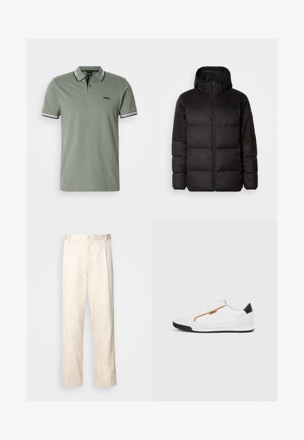 Melna pūkainā jakā iezīmes ir rāvējslēdzēja aizdare, kapuce, kvadrātveida šuves un elastīgas aproces, izgatavota no gludas, ūdensizturīgas vielas.; Gaiši zaļa īsām piedurknēm polo krekls ar divu pogu apdari, svītrainu apkakli un aprocēm, kā arī "BOSS" logo kreisajā krūtī.; Bežā krāsā auduma bikses ar taisnu kāju griezumu, pievienotām pogu aizdares un priekšējiem krokām papildu detaļām.; Baltijas krāsā baltas sporta kurpes ar acu un ādas akcentiem. Iezīmējas ar zelta "BOSS" logo, teksturētām sānu paneļiem un melnu papēža kapu. Gumijas zole.