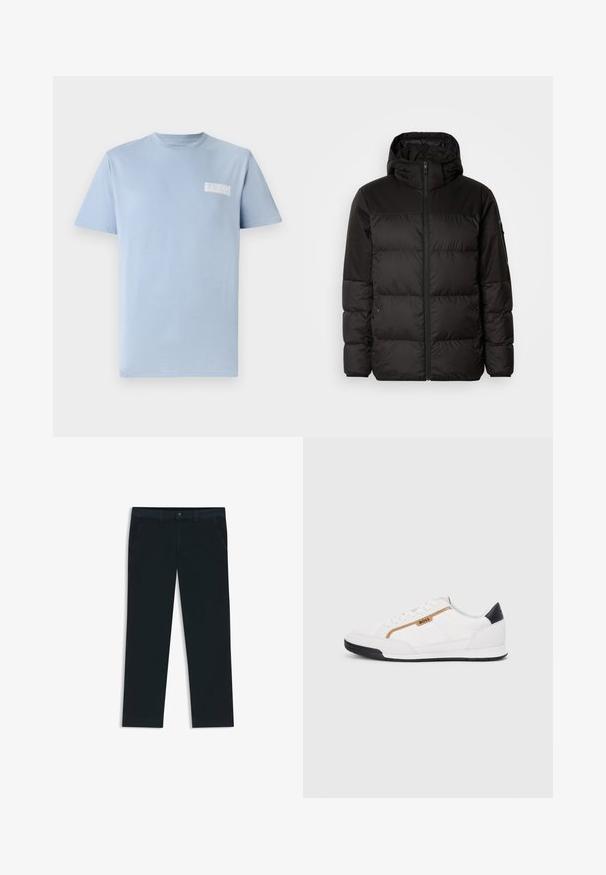 Schwarze Pufferjacke mit Reißverschluss, Kapuze, gesteppten Abschnitten und elastischen Bündchen, hergestellt aus einem glatten, wasserabweisenden Material.; Himmelblaues Baumwoll-T-Shirt mit Rundhalsausschnitt und kurzen Ärmeln; verfügt über ein kleines weißes "GUESS"-Logo auf der linken Brust. Glatte Textur.; Dunkelblaue Chinos aus einer Baumwollmischung. Merkmale sind Gürtelschlaufen, Vordertaschen und ein Reißverschluss mit Knopfverschluss.; Weiße Sportschuhe mit Mesh- und Lederelementen. Ausgestattet mit einem goldenen "BOSS"-Logo, strukturierten Seitenpaneelen und einer schwarzen Fersenkappe. Gummisohle.