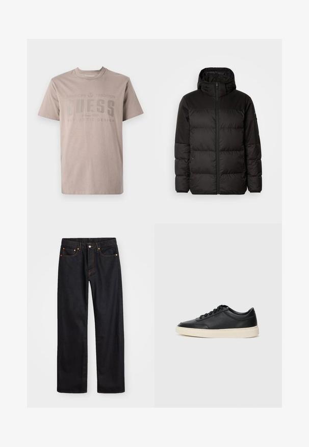 Čierna prešívaná bunda má zips, kapucňu, prešívané sekcie a elastické manžety, vyrobená z hladkého, vodeodolného materiálu.; Svetlo béžové tričko z bavlny s okrúhlym výstrihom, krátkymi rukávmi a potlačou s názvom značky "GUESS" v tmavosivej farbe.; Pánske rovné čierne riflové nohavice s piatimi vreckami a oranžovým prešívaním, s gombíkom a zipsom na prednom páse.; Čierne nízkoprevádzkové kožené tenisky s čiernymi šnúrkami a krémovou podrážkou zobrazené v bočnom profile na bielom pozadí.