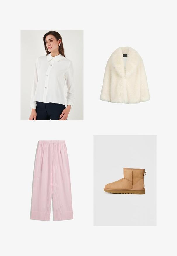 LIU JO - Płaszcz zimowy; Biała bluzka z długim rękawem i spiczastym kołnierzykiem, z pięcioma dekoracyjnymi guzikami z przodu oraz mankietami zapinanymi na guziki. Gładki, lekki materiał.; Różowe, paskowane spodnie o szerokich nogawkach z elastycznym pasem, charakteryzujące się teksturowanym materiałem i lekko rozszerzanym dołem.; Beżowe zamszowe botki za kostkę z okrągłym noskiem, przeszyciami, z pętelką z tyłu i teksturowaną gumową podeszwą. Zaprojektowane z myślą o komforcie i ciepłocie.